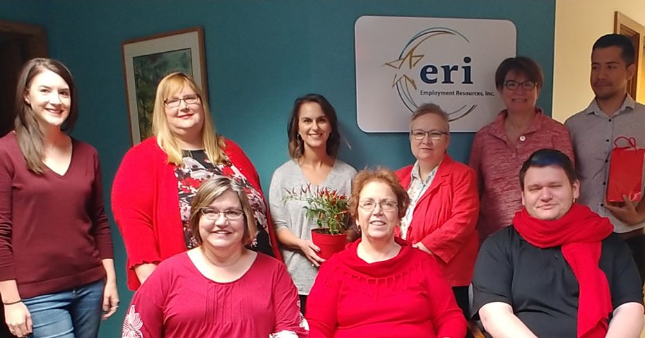 ERI employees dressed in red clothes suporting national disability employment awareness month