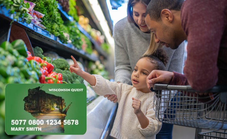 A family at a grocery store, picking out produce. An image of the Wisconsin Quest Card is pasted on top of the image