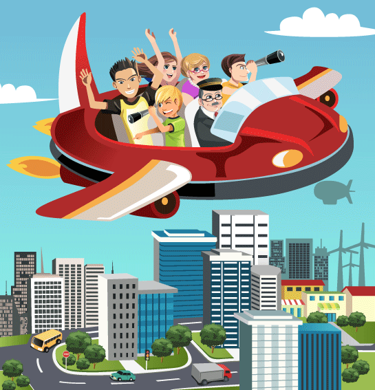 futuristic flying car with family in it.
