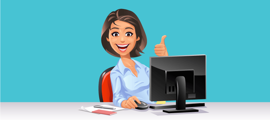 woman-at-computer with a thumbs up and smiling